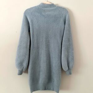 Lalavon Soft Fuzzy Knit Sweater Dress Blue Balloon Sleeve Mock Neck Size M
